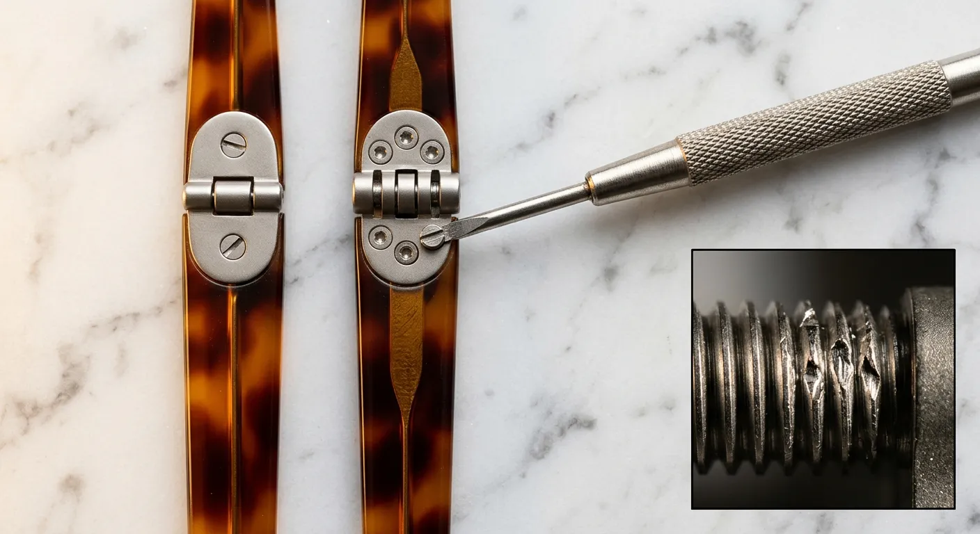 A macro photograph on a white marble surface features two tortoise acetate eyeglass temples laid flat. The left temple shows a two-barrel hinge, while the right features a five-barrel hinge. A precision flat-head screwdriver rests diagonally across the composition, with its tip positioned near a hinge screw. An inset at the bottom-right provides a near-microscopic view of a single stripped barrel thread.