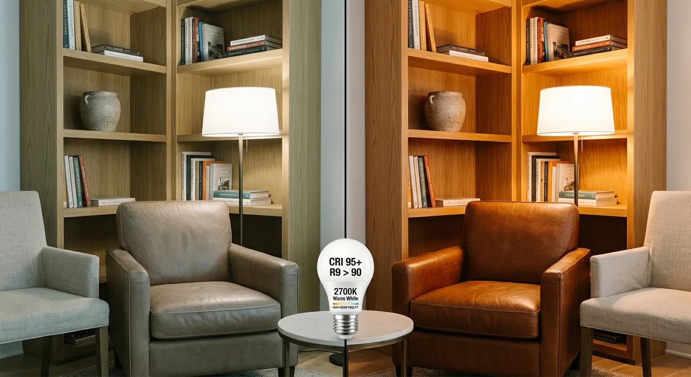 A split-screen editorial photograph comparing lighting quality in a living room corner. The left side, lit by a CRI-80 bulb, renders the leather armchair in a muted, grayish tone and the oak bookshelf in a greenish-tan hue. The right side, lit by a CRI-95 R9-90 bulb, shows the armchair in a rich cognac brown and the oak wood in a warm amber. A single E26 LED bulb sits on a small table at the center seam, with a label displaying "CRI 95+ R9 > 90" and "2700K" facing the camera.