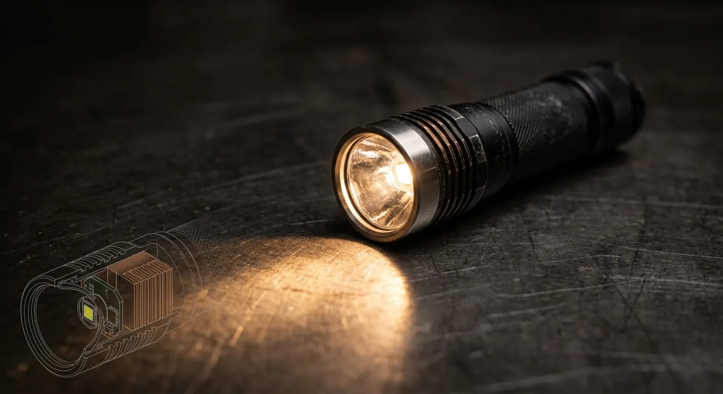 Low-angle shot features a compact, black aluminum 21700-cell EDC flashlight resting on a dark, textured steel surface. The flashlight is turned on, casting a warm, amber-tinted circular beam pool onto the metal surface in front of it. In the lower-left corner, a ghosted, thin-lined editorial cutaway diagram shows the flashlight's internal heatsink fin structure and LED emitter. The image has a shallow depth of field, with the focus sharp on the machined silver bezel and the warm, textured head of the flashlight.