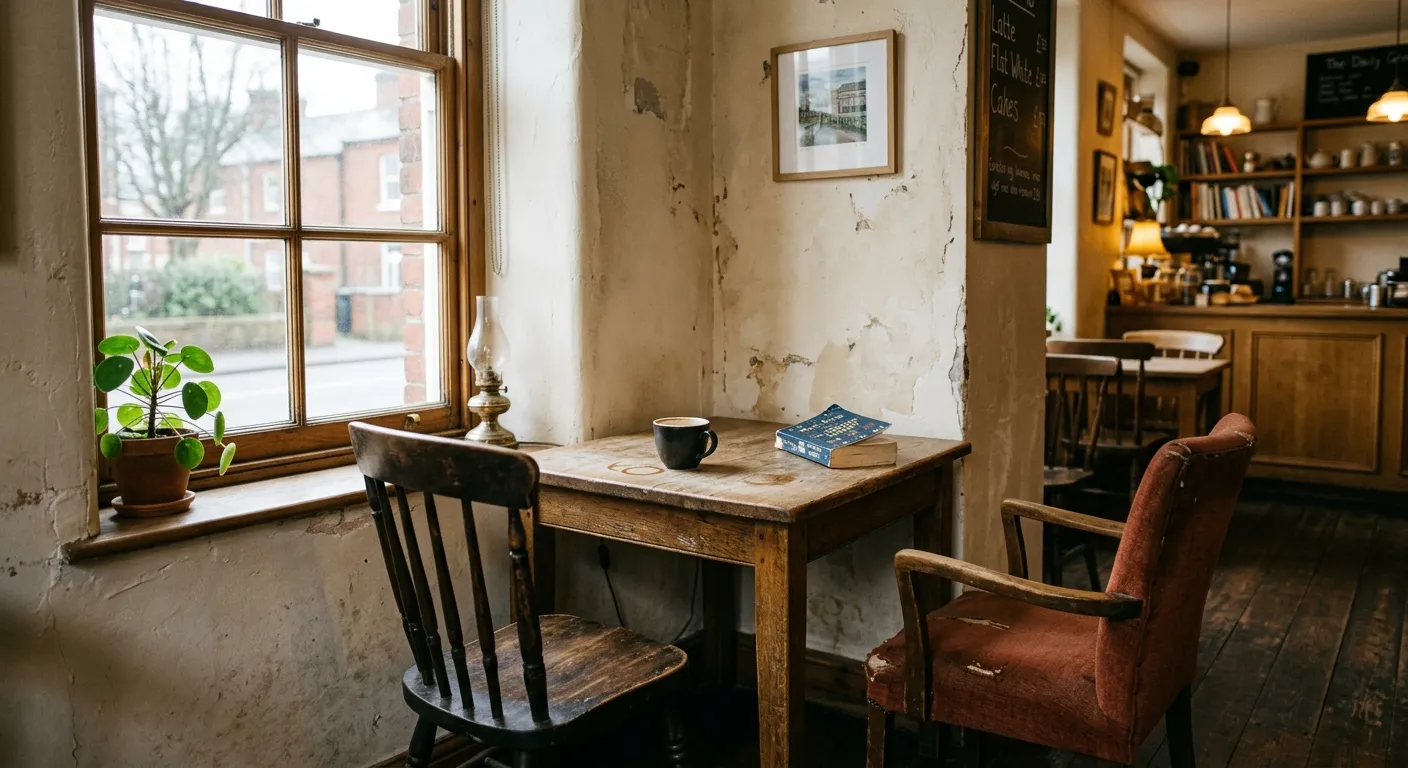 An eye-level, 35mm photograph captures an empty, rustic corner of an independent coffee shop in the late afternoon. Soft, overcast natural light enters from a large multi-paned window on the left, illuminating a small, square wooden table made of warm oak. On the table sits a dark ceramic coffee cup, a faint dried ring mark on the wood surface nearby, and a paperback book left face-down. Two mismatched chairs flank the table: a dark wooden spindle-back chair on the left is pulled slightly away from the table, while a worn, reddish-brown upholstered armchair sits on the right. The background features textured, cream-colored plaster walls, a small framed picture, and a glimpse into the rest of the dimly lit shop with wooden shelving and counters.