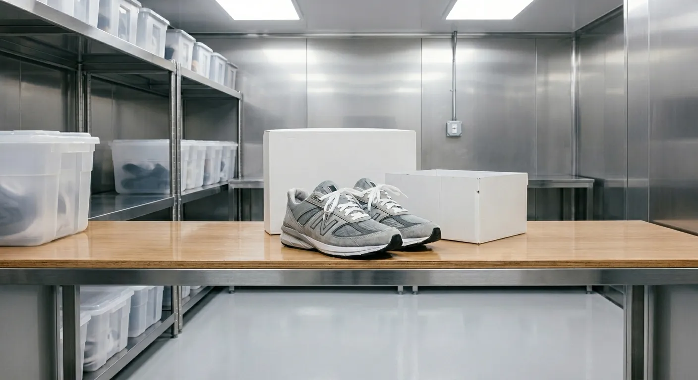 A pair of grey sneakers sits on a wooden workbench in a sterile storage room. The shoes are placed in front of an empty white box. To the left are shelves lined with clear plastic storage bins. The room features metallic walls and a smooth floor, lit by overhead lights. The image is taken at eye level with the table.