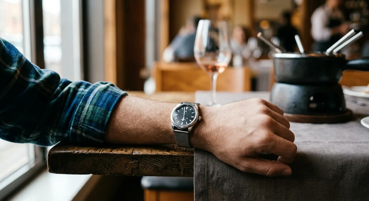 A close-up, table-height photograph captures a man's forearm and wrist resting on the edge of a rustic wooden restaurant table. The man wears a green and blue plaid shirt with the sleeve casually pushed back to reveal a silver wristwatch with a dark face and a mesh metal band. The watch is the sharpest element in the frame. The background is softly blurred with a shallow depth of field, showing a wine glass with a small amount of liquid and a black fondue pot on a burner. The scene is illuminated by natural afternoon light from a window on the left, creating a slightly underexposed, candid atmosphere with a color palette of warm wood and muted linen.